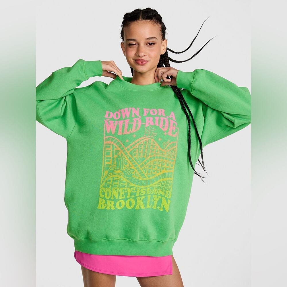 Victoria’s Secret Pink Coney Island Fleece Crewneck Sweatshirt Green Size Medium - Picture 1 of 11